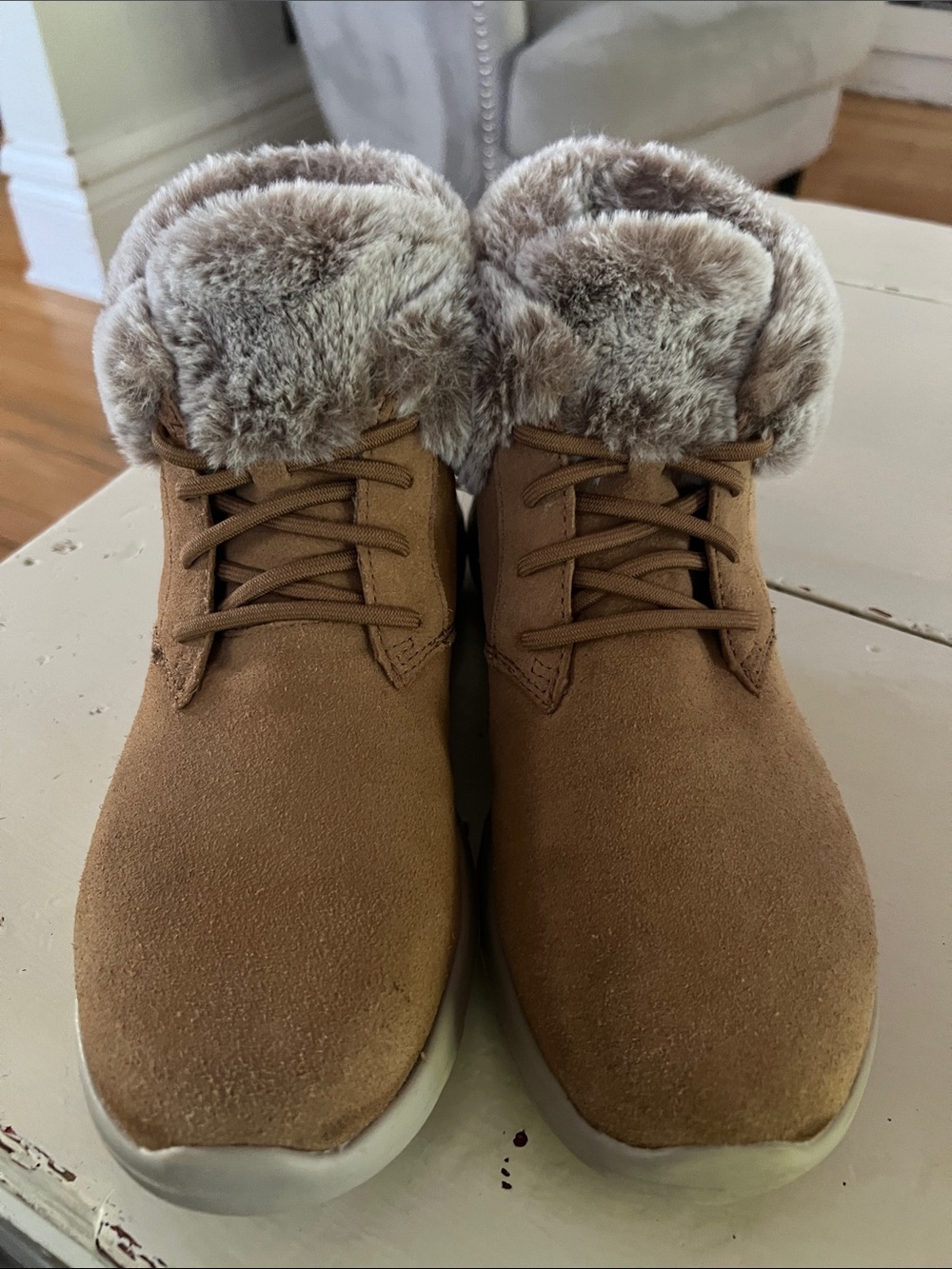 Skechers Tan Suede Lace-Up Ankle Boots with Faux Fur Collar - Picture 2 of 5